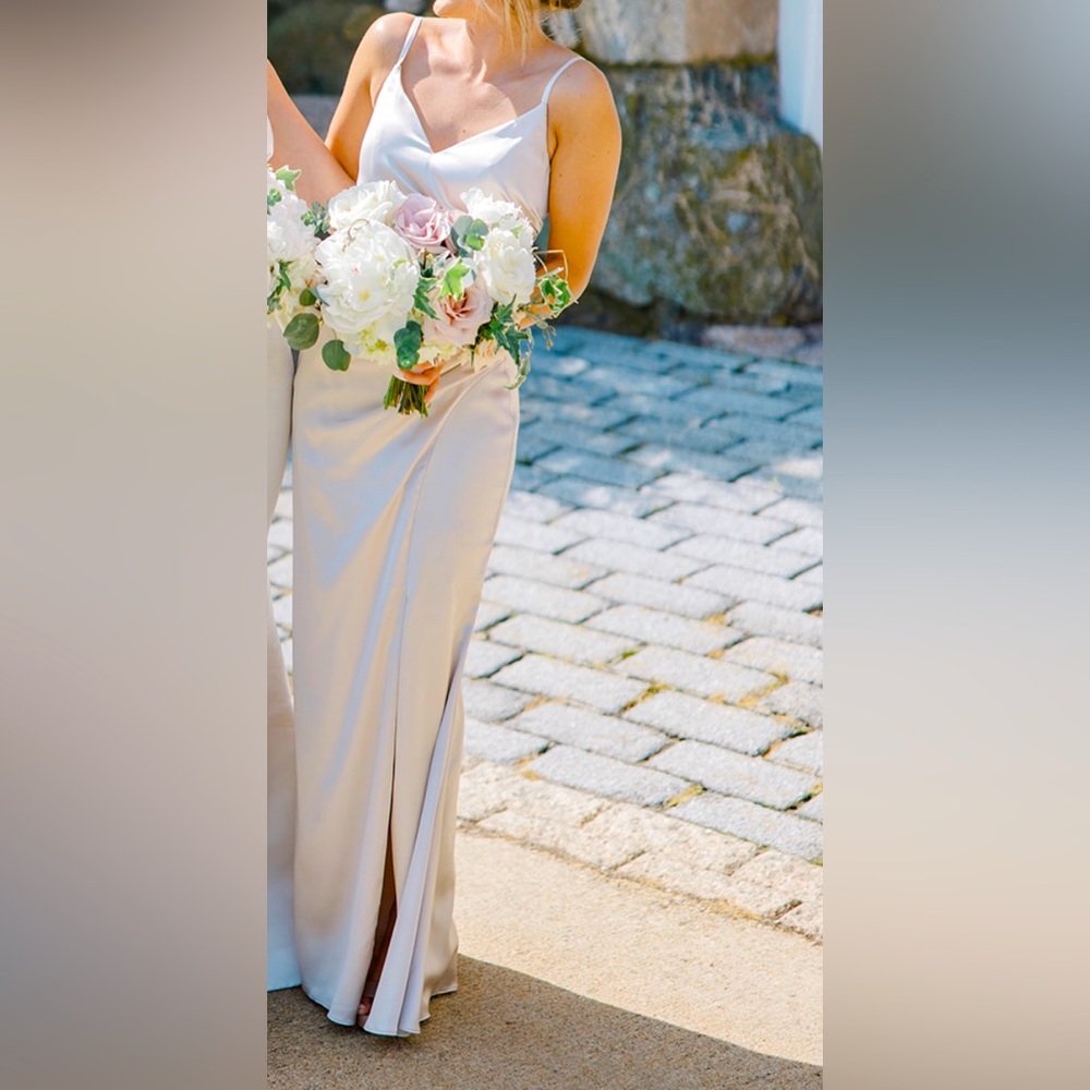 REVERLY Rory Satin Bridesmaid Dress in Soft Champagne.
